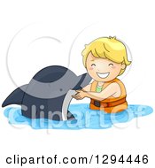 Poster, Art Print Of Happy Blond White Boy Swimming With A Dolphin