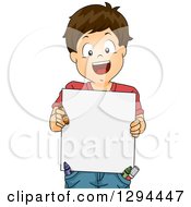 Poster, Art Print Of Happy Brunette White Boy Holding An Art Board With Crayons In His Pockets