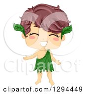 Clipart Of A Happy Welcoming Brunette Nature Boy With Leaves Royalty Free Vector Illustration