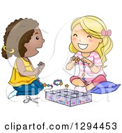 Happy White And Black Girls Playing With Beads And Making Jewelery
