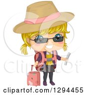 Poster, Art Print Of Happy Blond White Girl Traveler In A Sun Hat Holding A Document And Standing With Rolling Luggage