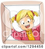 Poster, Art Print Of Happy Blond White Girl Smiling Down Into A Box