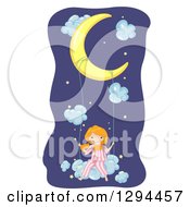 Happy Red Haired White Girl In Pjs Swinging On A Cloud From A Crescent Moon