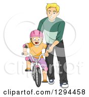Poster, Art Print Of Happy Blond Father Teaching His Son How To Ride A Bike