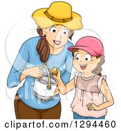 Poster, Art Print Of Happy Brunette Mother And Daughter Collecting Shells At A Beach
