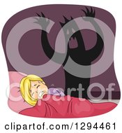 Poster, Art Print Of Shadow Monster Behind A Scared Blond White Girl Having A Nightmare