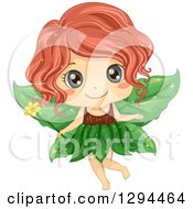 Poster, Art Print Of Cute Red Haired Blue Eyed White Female Fairy With Leaf Wings Holding A Flower Magic Wand