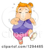 Clipart Of A Red Haired White Obese Girl Jogging And Sweathing Royalty Free Vector Illustration