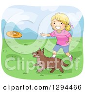 Poster, Art Print Of Happy Blond White Girl Throwing A Frisbee For Her Dog In A Meadow