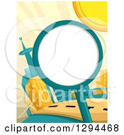 Poster, Art Print Of Round Blank Sign Or Magnifying Glass Against A Futuristic City And Sun