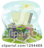 Poster, Art Print Of Deserted Or Green City With Plants Overgrowing On The Buildings And A Blank Sign