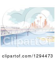 Poster, Art Print Of Sketched Modern River Front City With A Boat And Train