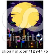 Poster, Art Print Of Cyberpunk City With Rockets Against A Full Moon