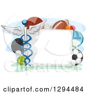 Blank Sign Bordered With Sports Balls And A Medical Caduceus