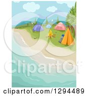 Poster, Art Print Of Waterfront Beach Camp Site With A Fire And Tents