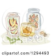 Sketched Jars Of Canned Apples Mushrooms And Carrots