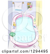 Clipart Of A Sketch Of A Full Bath Tub With A Book Candles And Mp3 Player Royalty Free Vector Illustration
