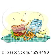 Sketched Tray With A Brger Or Sandwich French Fries Fruit And Milk