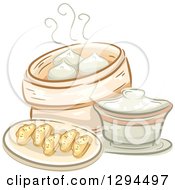 Poster, Art Print Of Sketched Plate Of Dimsum And A Container Of Meat Buns