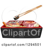 Chopsticks Holding A Sushi Roll Over Bento