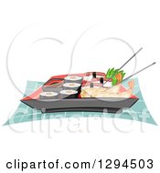 Poster, Art Print Of Plate Of Chopsticks Shrimp Tempura Sushi And California Rolls