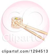 Chopsticks Holding A Piece Of California Maki Roll Sushi In A Pink Circle