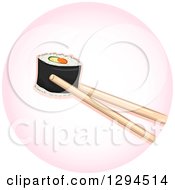 Poster, Art Print Of Chopsticks Holding A Piece Of Sushi Makizushi Roll In A Pink Circle