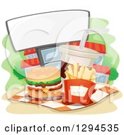 Poster, Art Print Of Cheeseburger French Fries And Soda Fast Food Meal With A Blank Sign And Building