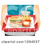 Caucasian Hands Holding A Cheeseburger French Fries And Soda On A Tray