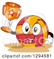 Clipart Of A Cartoon Happy Beach Volleyball Character Holding Up A Trophy Royalty Free Vector Illustration by BNP Design Studio
