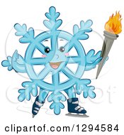 Happy Blue Winter Snowflake Character Ice Skating With A Torch