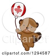 Cute Happy Beaver Walking With A Canadian Flag Balloon