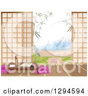 Poster, Art Print Of Japanese Inn Room Yard And View Of Mt Fuji During The Day