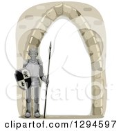 Clipart Of A Stone Arch Castle Frame With A Fully Armored Knight Royalty Free Vector Illustration