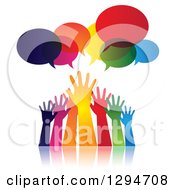 Group Of Gradient Colorful Hands Reaching For Help Under Speech Bubbles