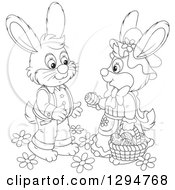 Poster, Art Print Of Happy Black And White Female Bunny Giving An Easter Egg To A Male Rabbit
