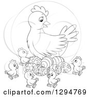 Lineart Clipart Of A Black And White Chicken Hen With Easter Eggs And Chicks Royalty Free Outline Vector Illustration