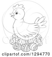 Lineart Clipart Of A Black And White Chicken Hen Nesting On Easter Eggs Over A Circle Royalty Free Outline Vector Illustration