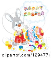 Poster, Art Print Of Happy Gray Male Bunny Rabbit Saying Happy Easter And Painting A Giant Egg