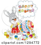 Poster, Art Print Of Happy Gray Male Bunny Saying Happy Easter And Painting A Giant Egg
