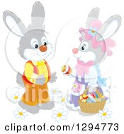 Poster, Art Print Of Happy Gray Female Rabbit Giving An Easter Egg To A Male Bunny