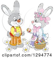 Poster, Art Print Of Happy Gray Female Bunny Giving An Easter Egg To A Male Rabbit