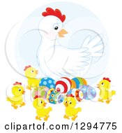 Clipart Of A White Hen Chicken With Colorful Easter Eggs And Chicks Royalty Free Vector Illustration