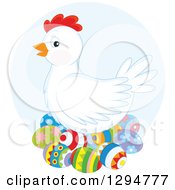 Poster, Art Print Of White Hen Nesting On Colorful Easter Eggs Over A Blue Circle