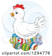 Poster, Art Print Of White Chicken Hen Nesting On Colorful Easter Eggs Over A Blue Circle