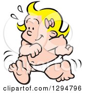 Poster, Art Print Of Cartoon Happy Blond White Baby Girl Running In A Diaper