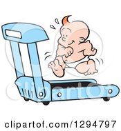 Poster, Art Print Of Cartoon Happy Red Haired White Baby Boy Running On A Blue Treadmill