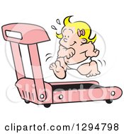 Poster, Art Print Of Cartoon Happy Blond White Baby Girl Running On A Pink Treadmill