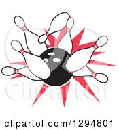 Clipart Of A Black Bowling Ball Crashing Into Pins With A Red Burst Royalty Free Vector Illustration