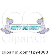 Poster, Art Print Of Cartoon Purple Dinosaurs Holding A Happy Birthday Banner Sign
